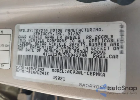 2002 Toyota Camry Le from USA, damaged, VIN 4T1BE32K22U043790